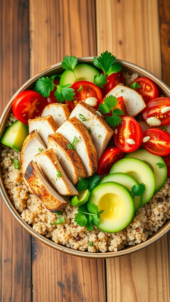 A colorful quinoa bowl with chicken, tomatoes, cucumber, bell pepper, and avocado, garnished with cilantro.
